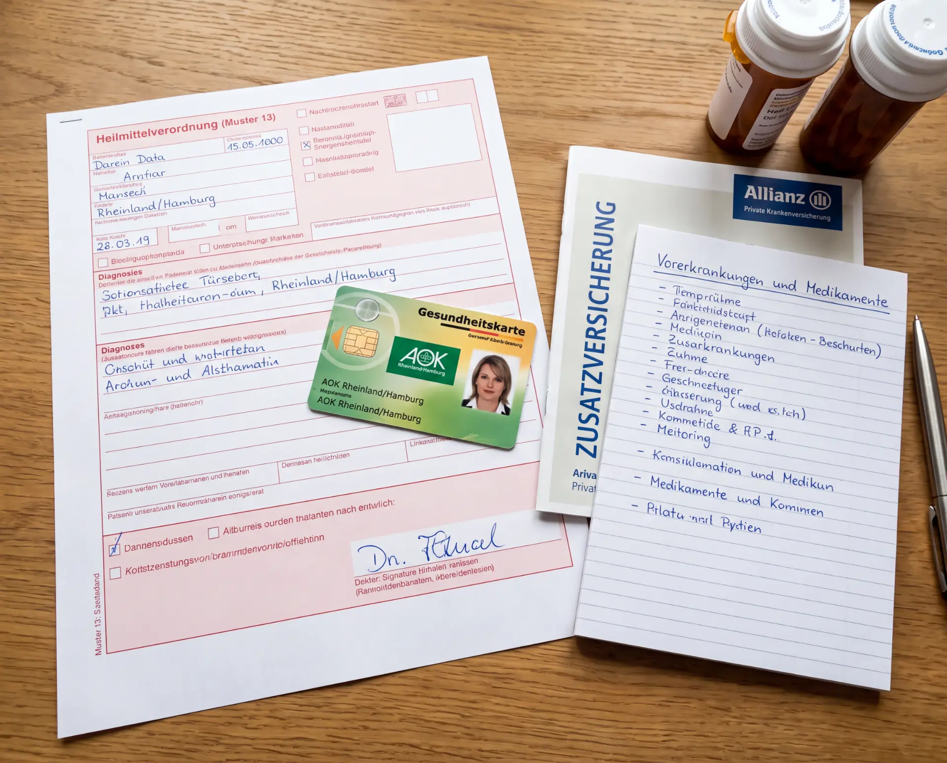 Rezept, Krankenkassenkarte, Zusatzversicherung und Medikamentenliste für die Behandlung