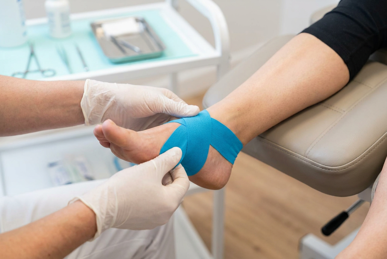 Kinesiologisches Tape an Fuß und Achillessehne