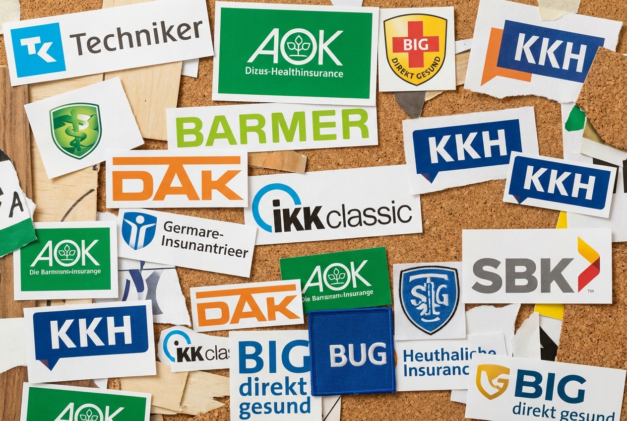 Verschiedene Krankenkassen-Logos auf einer Pinnwand